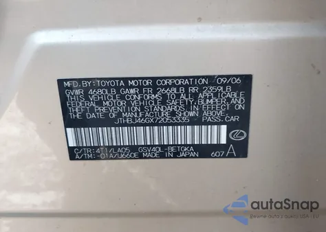 2007 Lexus Es 350 z USA, uszkodzony, nr VIN JTHBJ46GX72053335